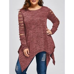 Plus Size Ripped Sleeve Handkerchief Top - Russet